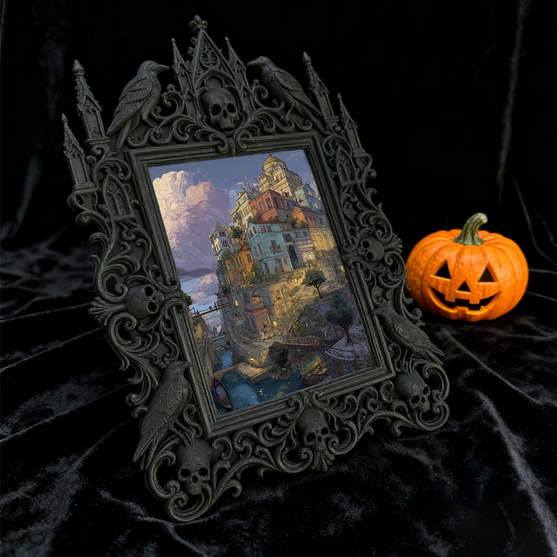 Gothic Dark Photo Frame | Hollow Crow Carving, Gothic Desk Centerpiece, Photo Studio Prop, Dressing Table Decor