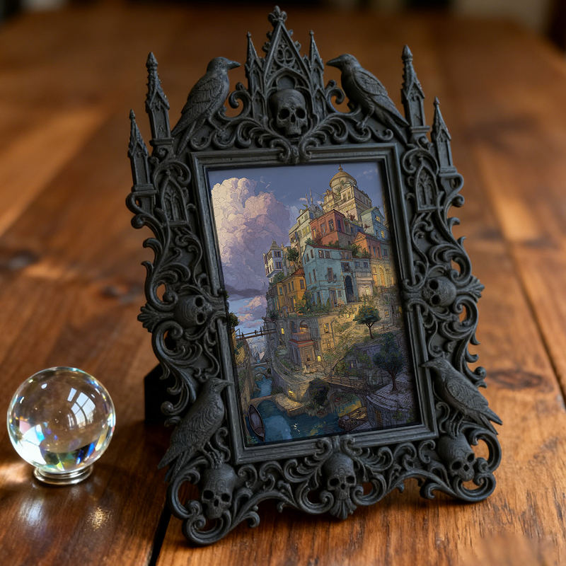 Gothic Dark Photo Frame | Hollow Crow Carving, Gothic Desk Centerpiece, Photo Studio Prop, Dressing Table Decor