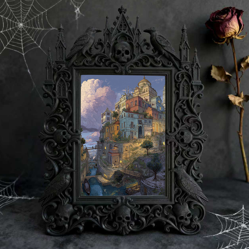 Gothic Dark Photo Frame | Hollow Crow Carving, Gothic Desk Centerpiece, Photo Studio Prop, Dressing Table Decor