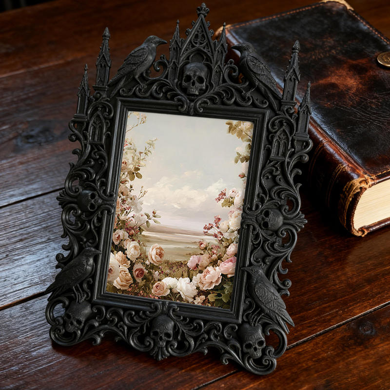 Gothic Dark-style Photo Frame | Vintage Bookstore Shelf Decor, Photo Ornament, Wall-mountable & Tabletop, Waterproof Plastic Frame