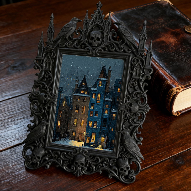 Gothic Dark-style Photo Frame | Haunted Hayride Ticket Booth Decor, Photo Ornament, Wall-mountable & Tabletop, Waterproof Plastic Frame
