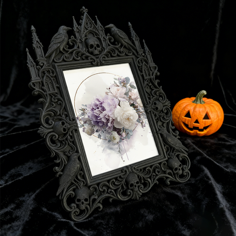 Gothic Dark-style Photo Frame | Halloween Trick-or-Treat Station Decor, Photo Ornament, Wall-mountable & Tabletop, Waterproof Plastic Frame