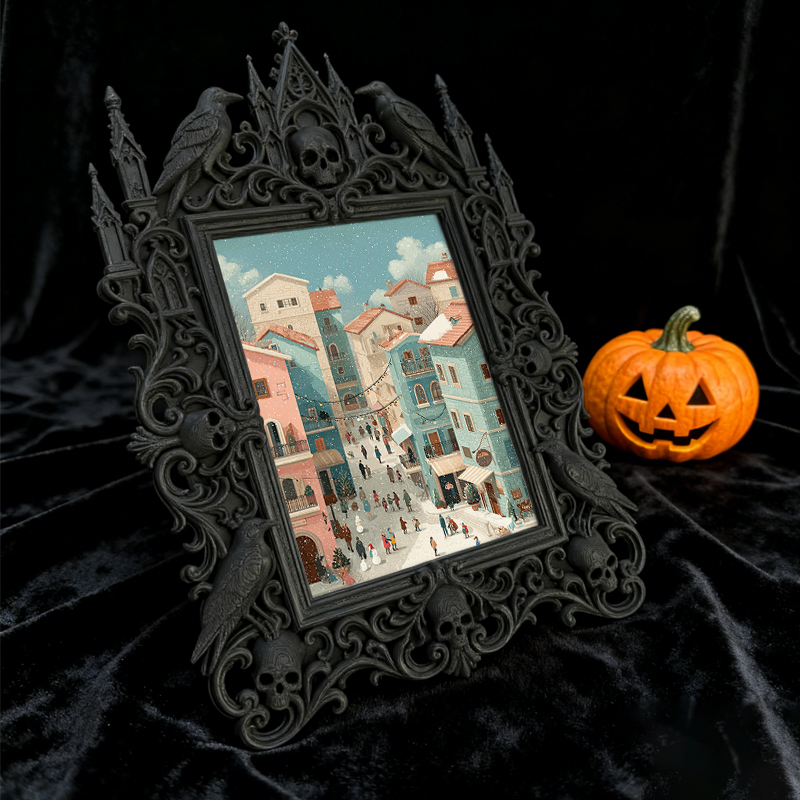 Gothic Dark-style Photo Frame | Haunted Hayride Ticket Booth Decor, Photo Ornament, Wall-mountable & Tabletop, Waterproof Plastic Frame