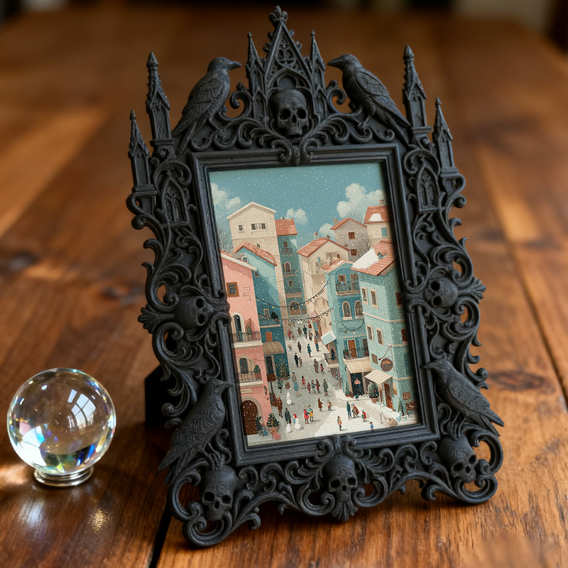 Gothic Dark-style Photo Frame | Haunted Hayride Ticket Booth Decor, Photo Ornament, Wall-mountable & Tabletop, Waterproof Plastic Frame