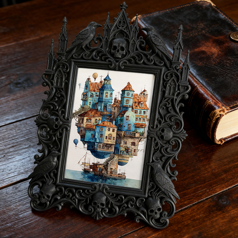 Stylish Gothic Dark-style Photo Frame | Halloween Haunted House Prop Room Decor, Photo Ornament, Wall-mountable & Tabletop, Waterproof Reusa