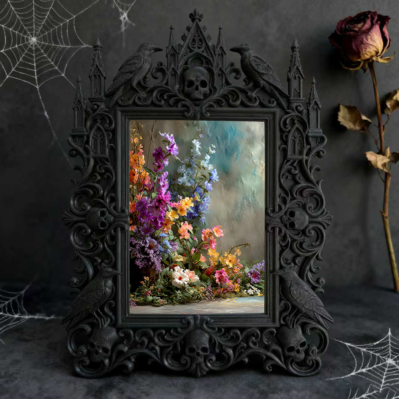 Bold Gothic Dark-style Photo Frame | Dark Floral Dried Bouquet Shop Decor, Photo Ornament, Wall-mountable & Tabletop, Natural Frame