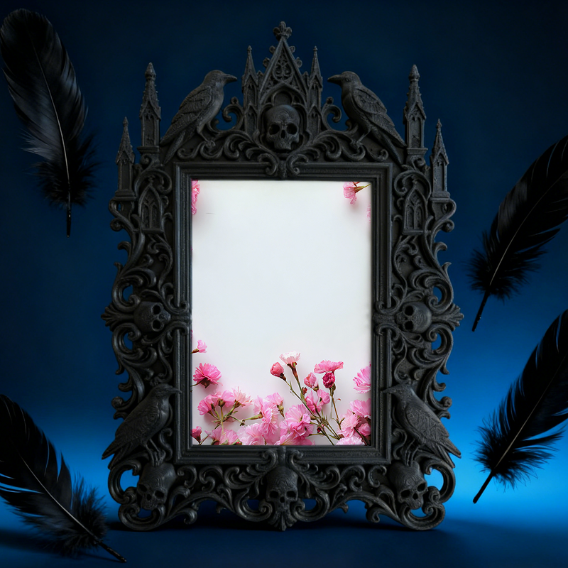 Hit Gothic Dark-style Photo Frame | Gothic Backyard Halloween Bonfire Decor, Photo Ornament, Wall-mountable & Tabletop, Plastic Frame