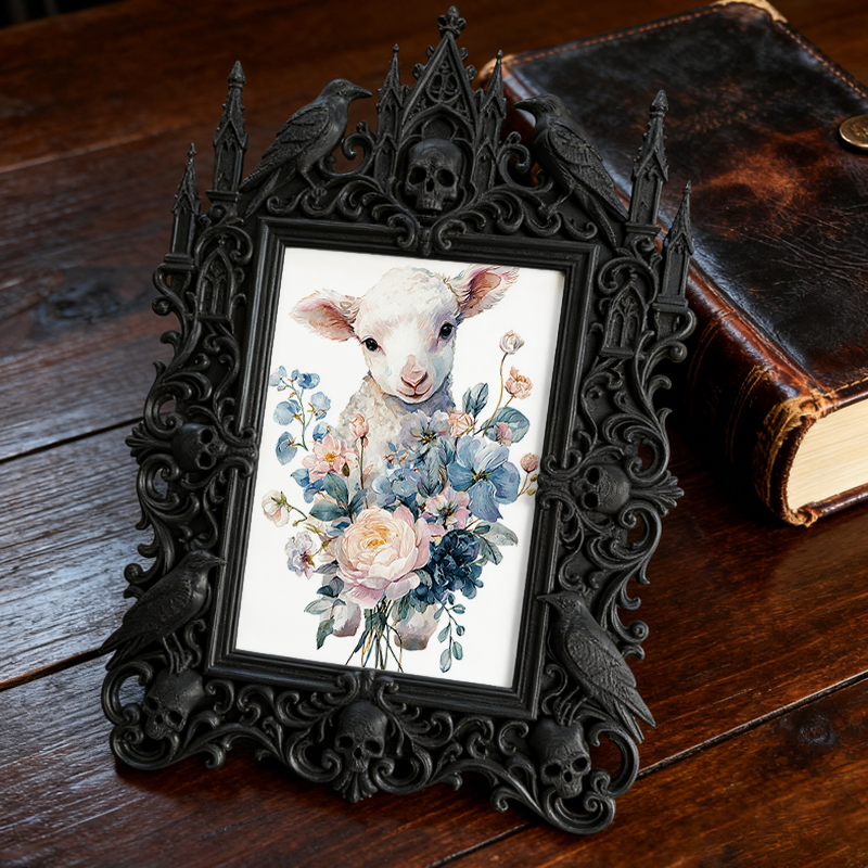 Highly-recommended Gothic Dark-style Photo Frame | Witchy Crystal Skull Display Shop Decor, Photo Ornament, Wall-mountable & Tabletop, Scrat