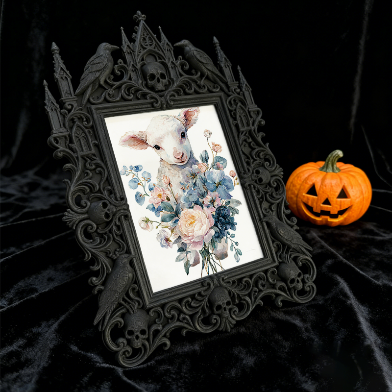 Highly-recommended Gothic Dark-style Photo Frame | Witchy Crystal Skull Display Shop Decor, Photo Ornament, Wall-mountable & Tabletop, Scrat