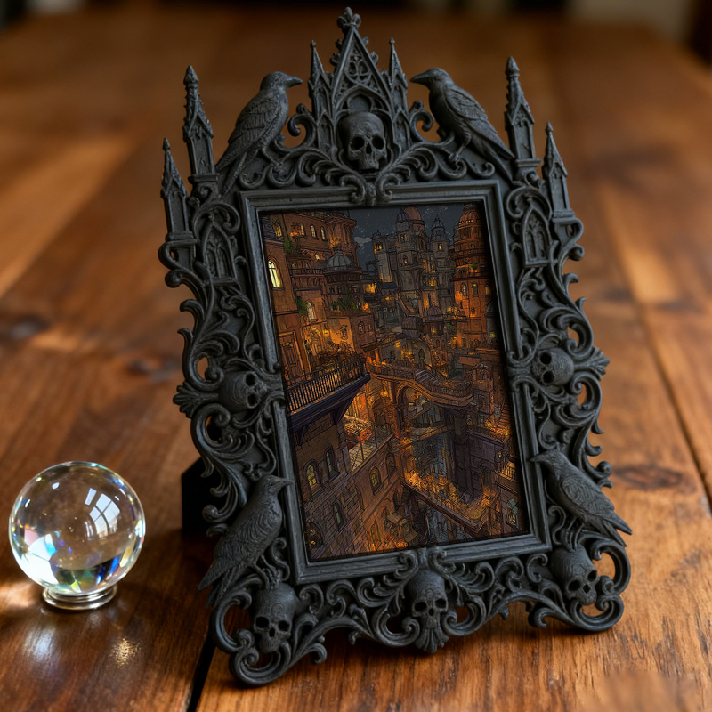 Elegant-spooky Gothic Dark-style Photo Frame | Paranormal Themed Book Caf茅 Shelf Decor, Photo Ornament, Wall-mountable & Tabletop, Elegant F