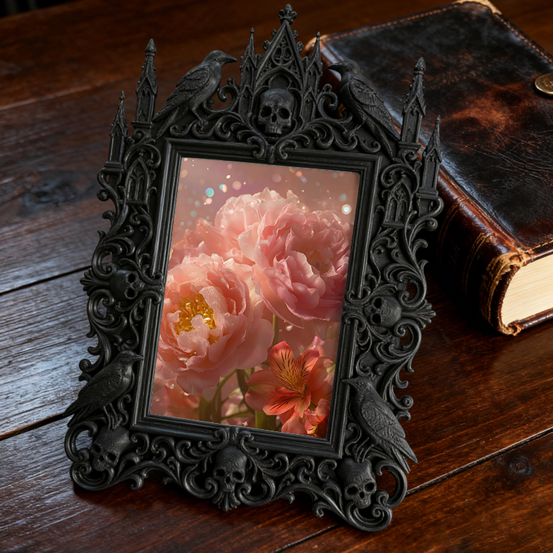 Bestselling-essential Gothic Dark-style Photo Frame | Witchy Bathroom Shelf Organizer Decor, Photo Ornament, Dual-use Display, Retro Plastic