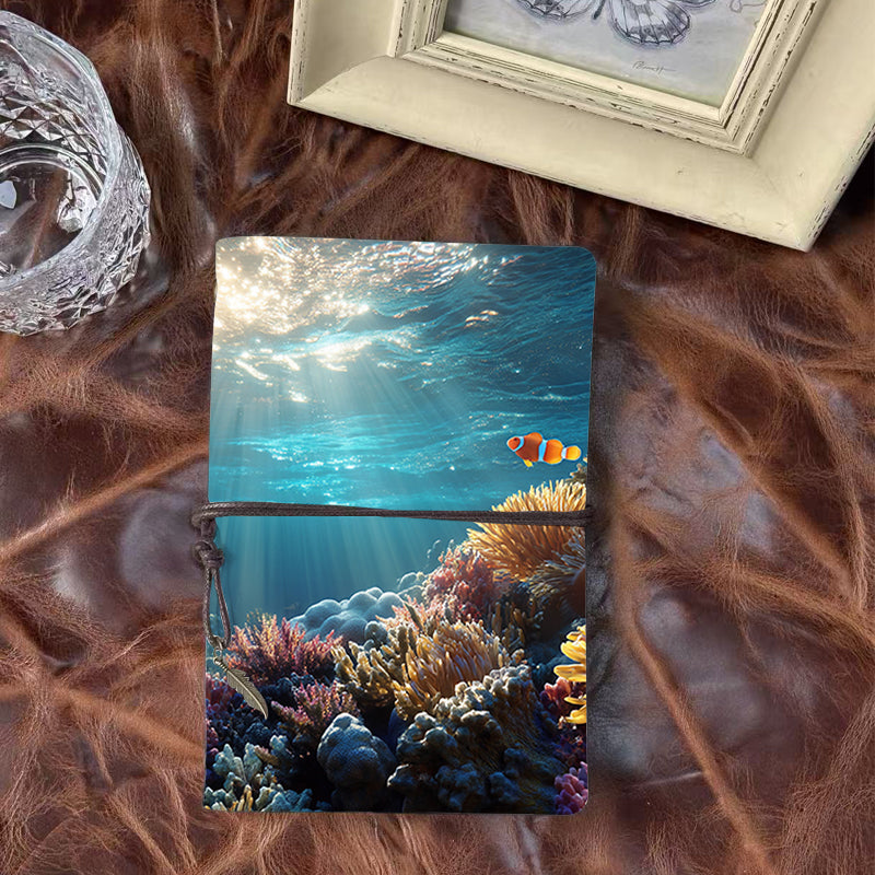 A6 Handmade Beautiful Notebook Essential for Content Writers Great for Article Outlines and Idea Jots with Clownfish, corals, anemone, underwater light Pattern