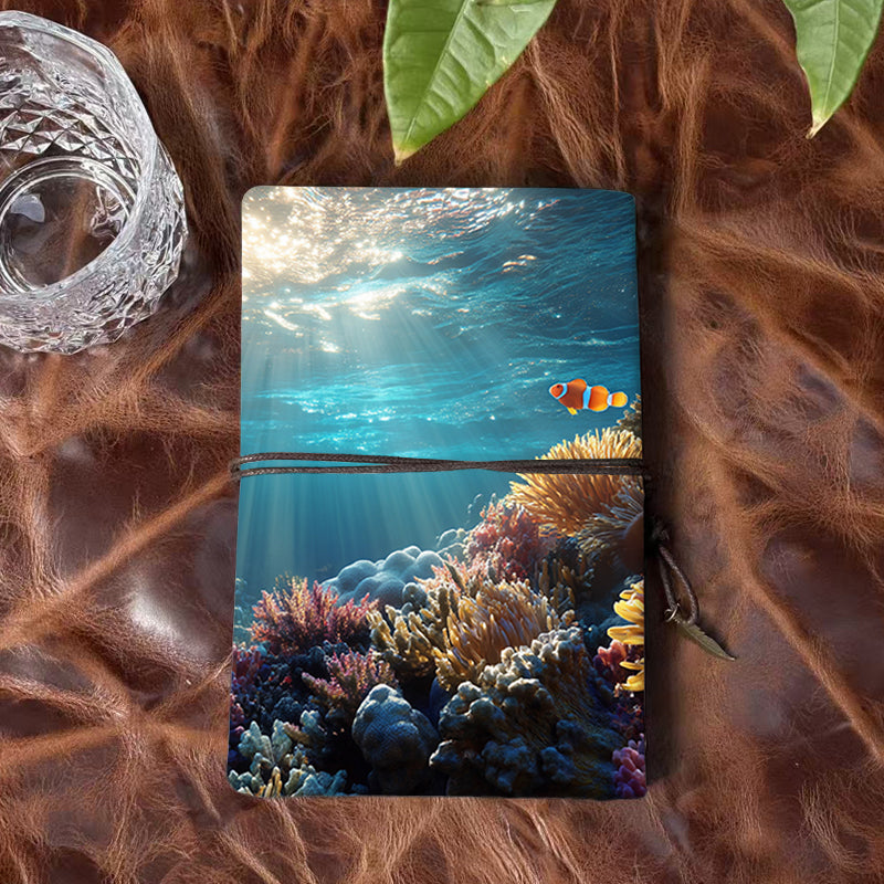 A6 Handmade Beautiful Notebook Essential for Content Writers Great for Article Outlines and Idea Jots with Clownfish, corals, anemone, underwater light Pattern