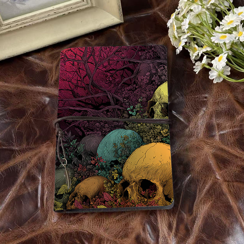 A6 Handcrafted Notebook Ideal for Real Estate Agents Perfect for Property Showings and Client Needs with Skulls, plants, and twisted trees Pattern