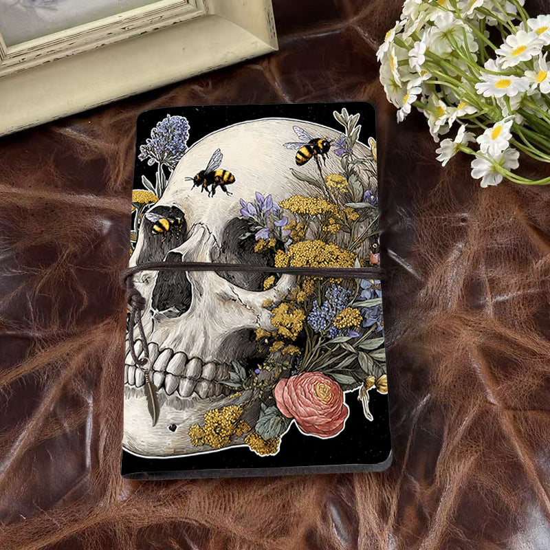 A6 Handmade Beautiful Notebook Convenient for Consultants Great for Client Reports and Recommendations with Skull, bees, flowers, lavender Pattern