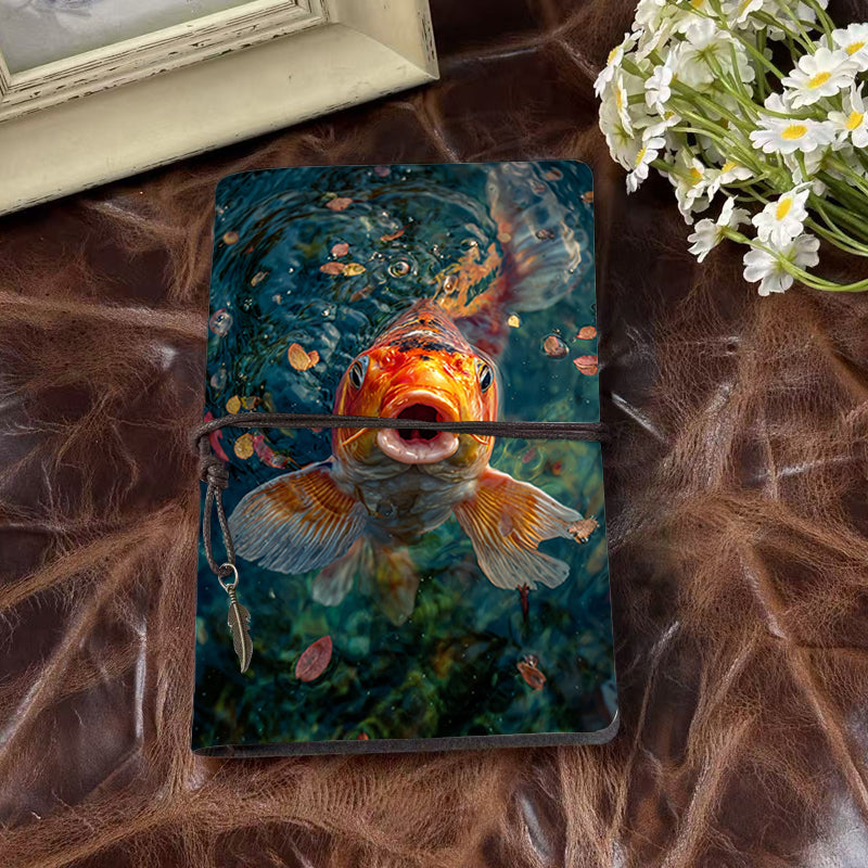 A6 Handcrafted Beautiful Notebook Must Have for Architects Perfect for Site Visit Sketches and Design Plans with Koi fish in pond with leaves Pattern