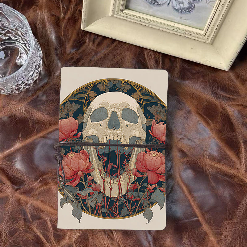 A6 Handmade Beautiful Notebook Essential for Academic Professionals Great for Lecture Notes and Research Ideas with Skull, flowers, circular frame Pattern