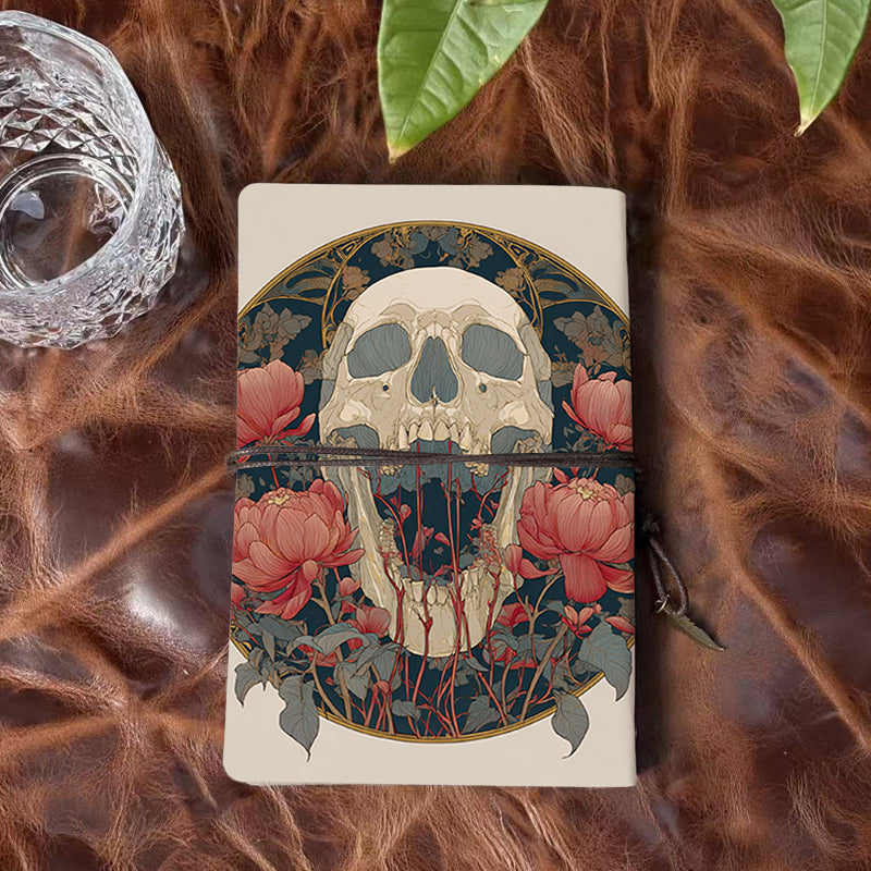 A6 Handmade Beautiful Notebook Essential for Academic Professionals Great for Lecture Notes and Research Ideas with Skull, flowers, circular frame Pattern