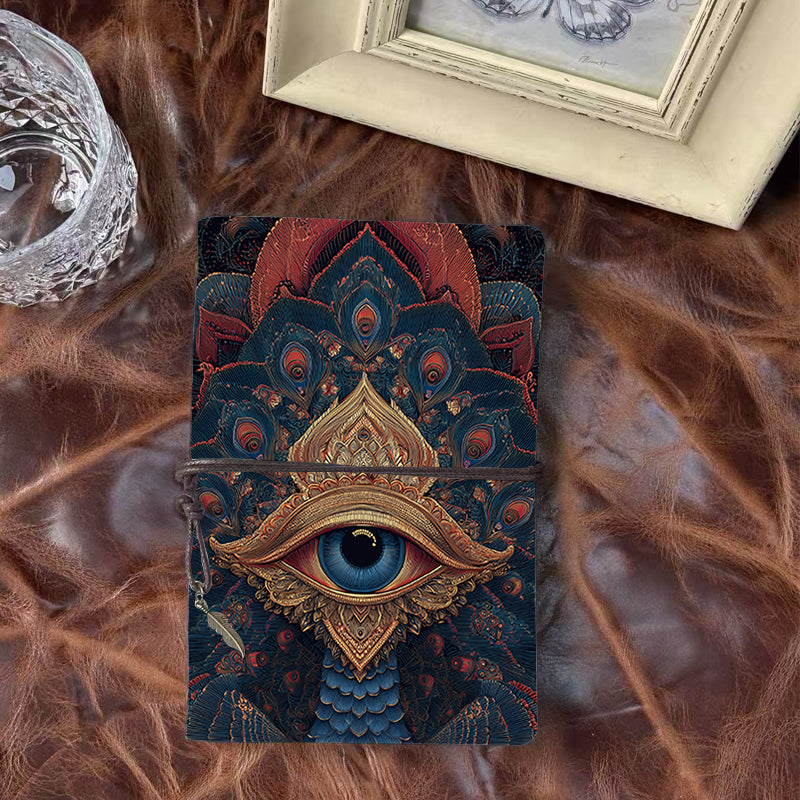 A6 Handmade Beautiful Notebook Convenient for Startup Founders Great for Business Ideas and Growth Plans with Eye, peacock feathers, ornate patterns Pattern