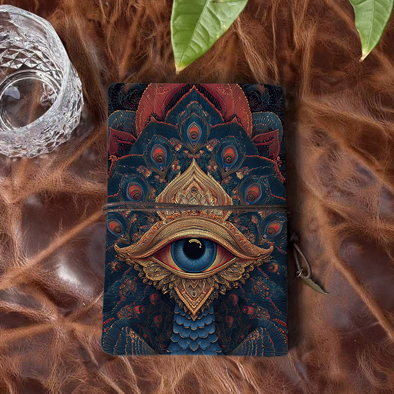 A6 Handmade Beautiful Notebook Convenient for Startup Founders Great for Business Ideas and Growth Plans with Eye, peacock feathers, ornate patterns Pattern