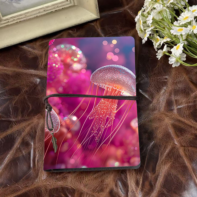 A6 Handmade Notebook Ideal for Social Media Managers Great for Content Calendars and Campaign Ideas with Jellyfish, pink background, bokeh lights Pattern