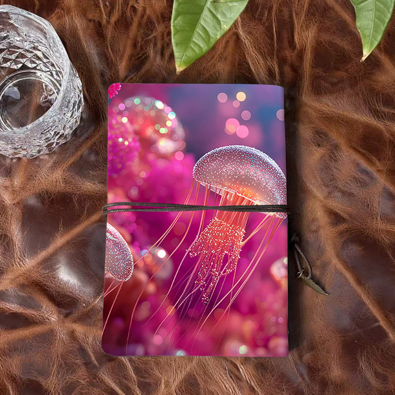 A6 Handmade Notebook Ideal for Social Media Managers Great for Content Calendars and Campaign Ideas with Jellyfish, pink background, bokeh lights Pattern