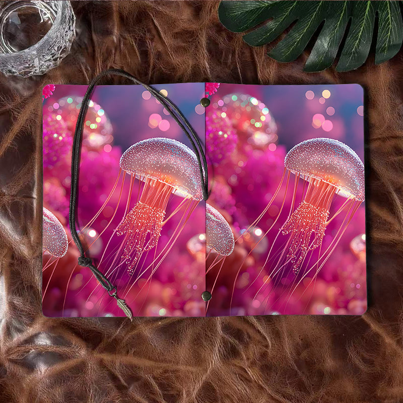 A6 Handmade Notebook Ideal for Social Media Managers Great for Content Calendars and Campaign Ideas with Jellyfish, pink background, bokeh lights Pattern