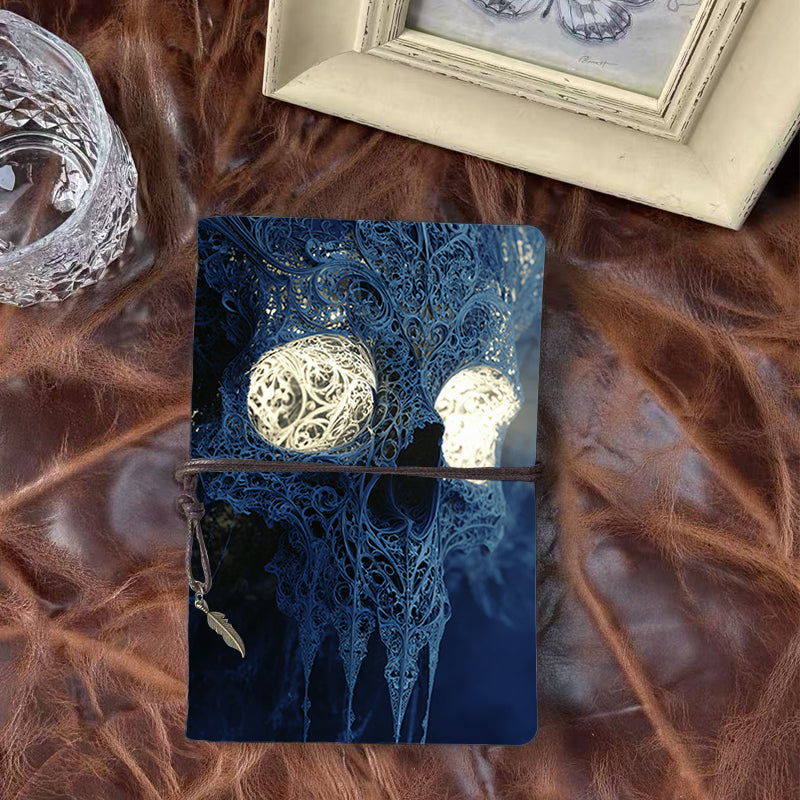 A6 Handcrafted Beautiful Notebook Must Have for Training Coordinators Perfect for Workshop Agendas and Participant Notes with Ornate skeletal skull with glowing eyes Pattern