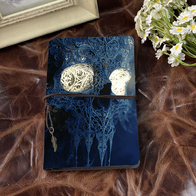 A6 Handcrafted Beautiful Notebook Must Have for Training Coordinators Perfect for Workshop Agendas and Participant Notes with Ornate skeletal skull with glowing eyes Pattern