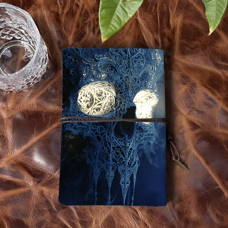 A6 Handcrafted Beautiful Notebook Must Have for Training Coordinators Perfect for Workshop Agendas and Participant Notes with Ornate skeletal skull with glowing eyes Pattern