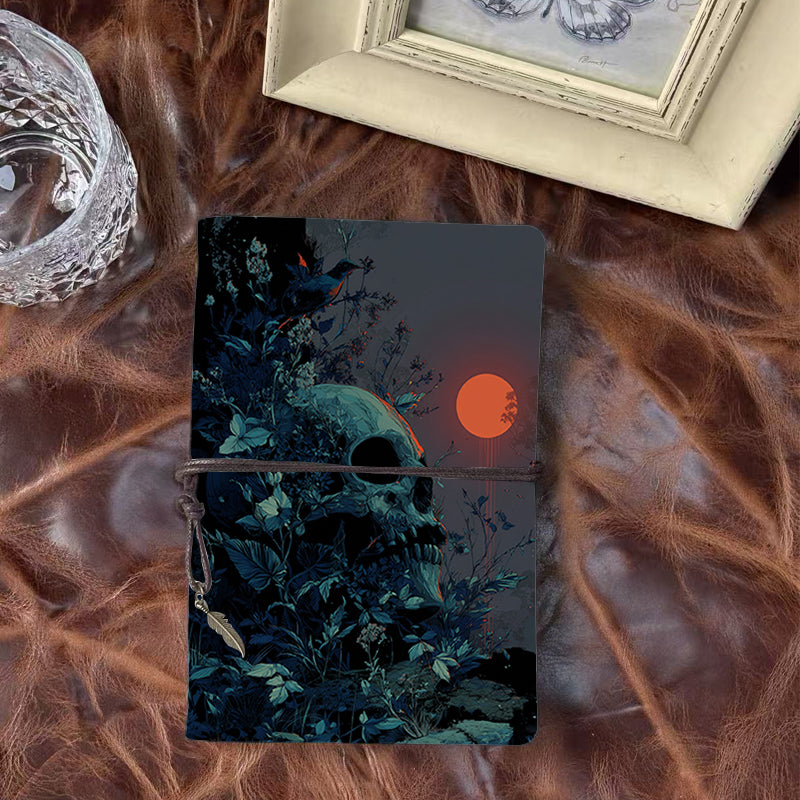 A6 Handmade Beautiful Notebook Essential for Quality Control Teams Great for Inspection Logs and Issue Tracking with Skull, plants, bird, red sun Pattern