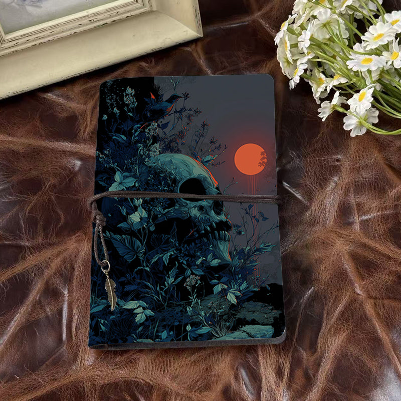 A6 Handmade Beautiful Notebook Essential for Quality Control Teams Great for Inspection Logs and Issue Tracking with Skull, plants, bird, red sun Pattern