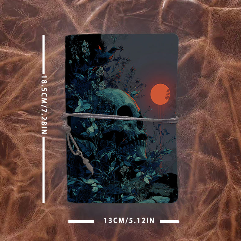 A6 Handmade Beautiful Notebook Essential for Quality Control Teams Great for Inspection Logs and Issue Tracking with Skull, plants, bird, red sun Pattern