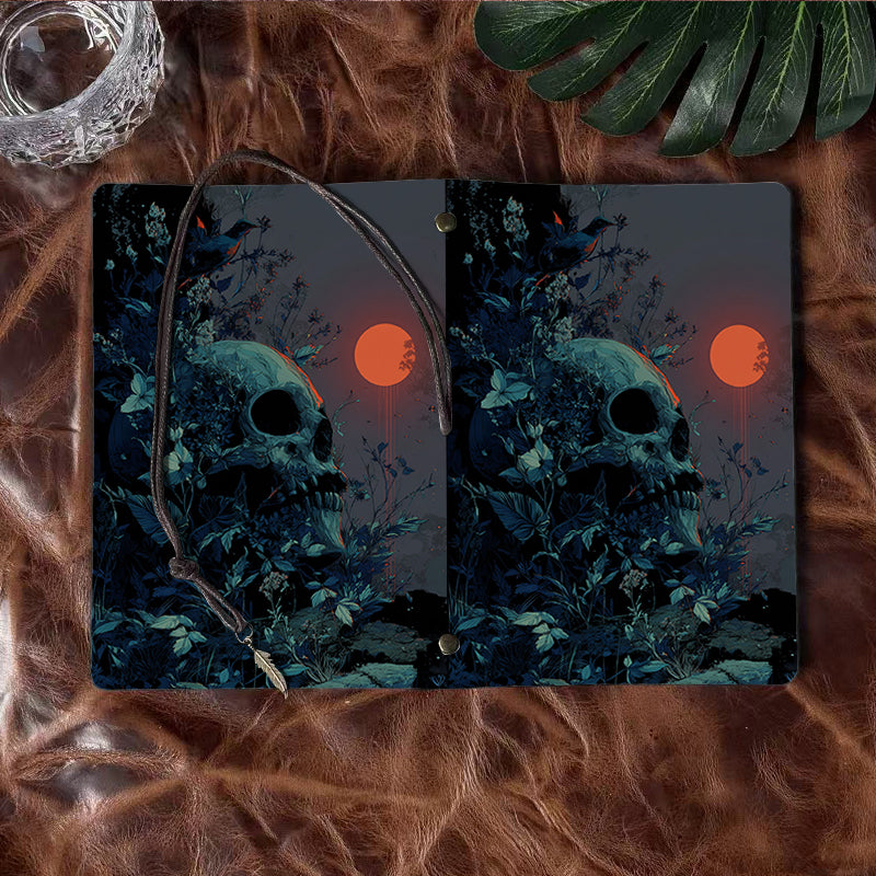 A6 Handmade Beautiful Notebook Essential for Quality Control Teams Great for Inspection Logs and Issue Tracking with Skull, plants, bird, red sun Pattern