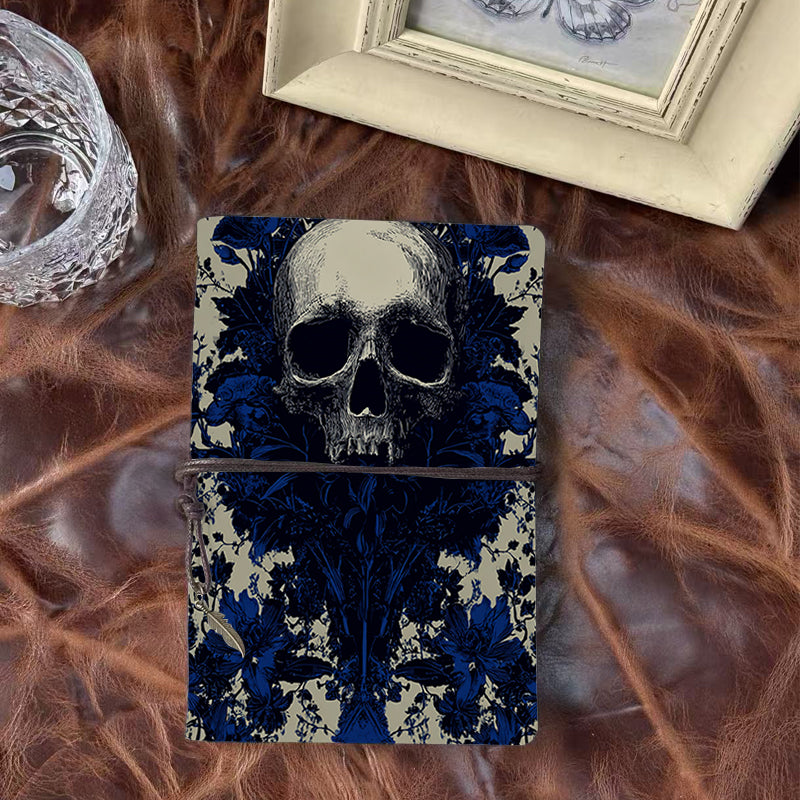 A6 Handcrafted Notebook Ideal for Franchise Owners Perfect for Store Operations and Training Materials with Skull surrounded by blue - toned flowers Pattern