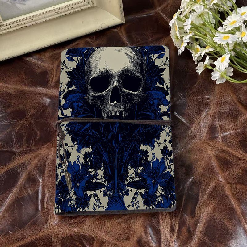 A6 Handcrafted Notebook Ideal for Franchise Owners Perfect for Store Operations and Training Materials with Skull surrounded by blue - toned flowers Pattern