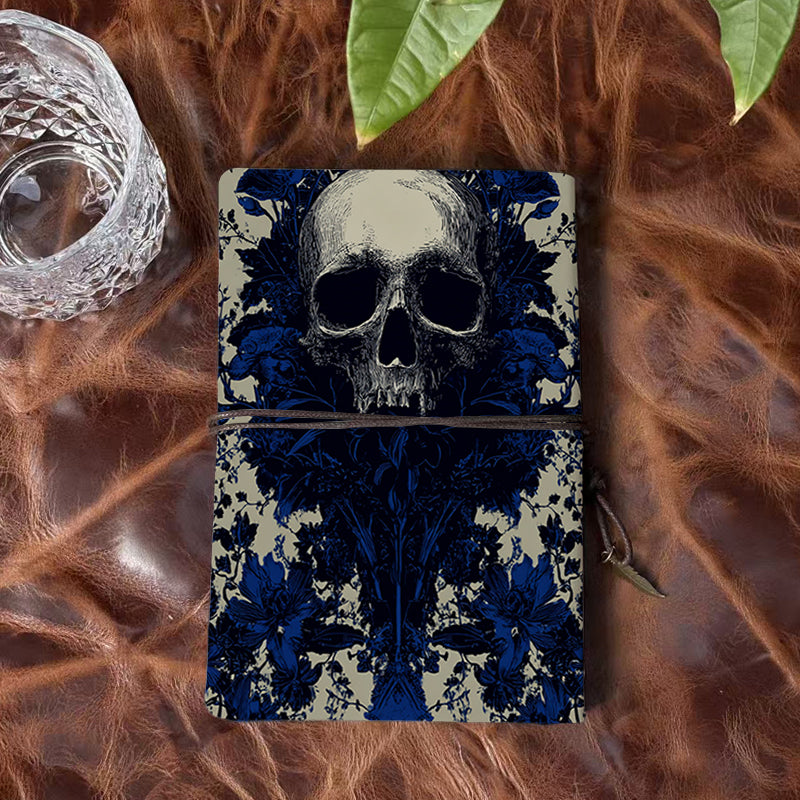 A6 Handcrafted Notebook Ideal for Franchise Owners Perfect for Store Operations and Training Materials with Skull surrounded by blue - toned flowers Pattern
