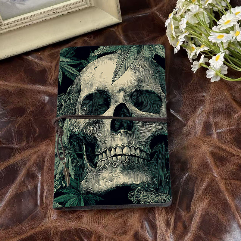 A6 Handcrafted Notebook Useful for Content Strategists Perfect for Editorial Calendars and Topic Planning with Skull, cannabis leaves, smoke Pattern