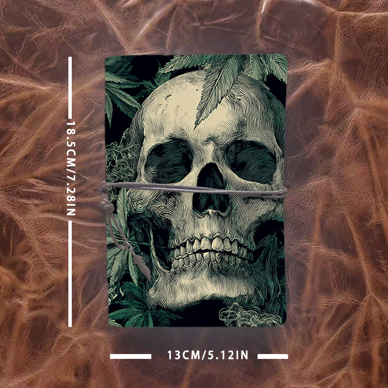 A6 Handcrafted Notebook Useful for Content Strategists Perfect for Editorial Calendars and Topic Planning with Skull, cannabis leaves, smoke Pattern