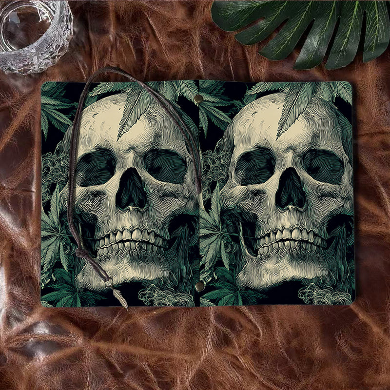 A6 Handcrafted Notebook Useful for Content Strategists Perfect for Editorial Calendars and Topic Planning with Skull, cannabis leaves, smoke Pattern