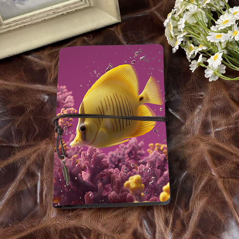 A6 Handmade Notebook Beautiful Cover Perfect for Social Media Specialists Great for Post Ideas and Engagement Logs with Yellow fish, coral, and bubbles Pattern