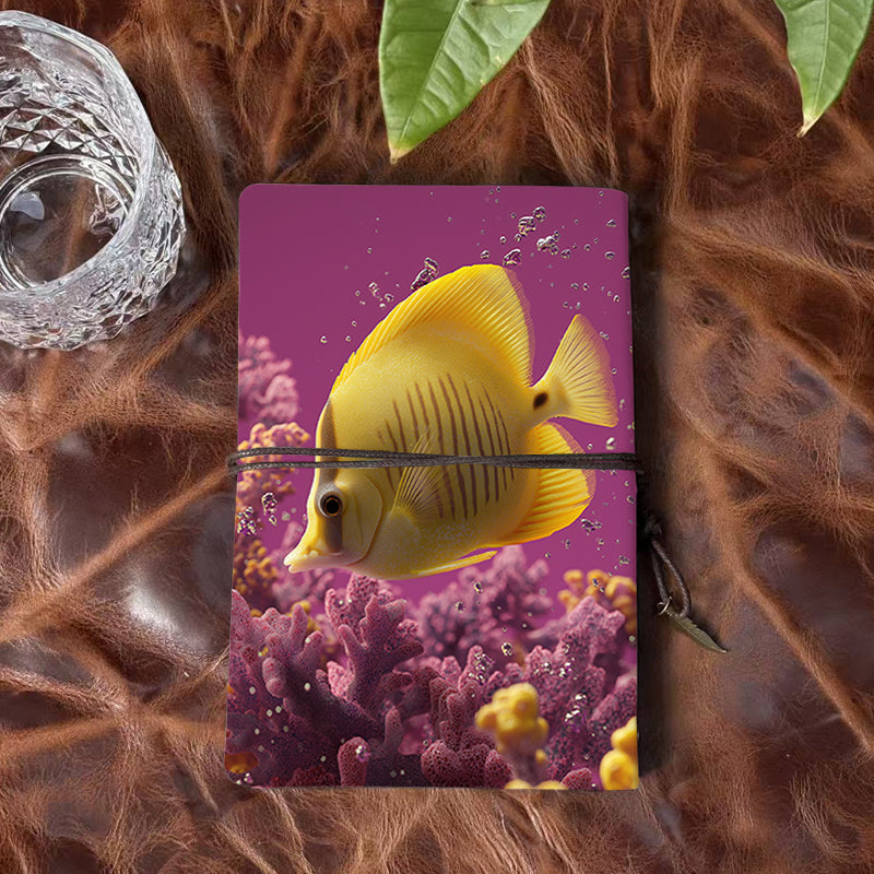 A6 Handmade Notebook Beautiful Cover Perfect for Social Media Specialists Great for Post Ideas and Engagement Logs with Yellow fish, coral, and bubbles Pattern