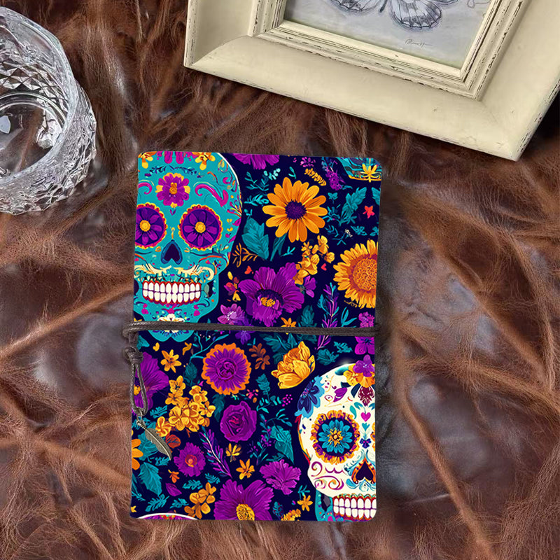 A6 Handmade Notebook Ideal for Research Scientists Great for Experiment Notes and Data Recordings with Sugar skulls and colorful flowers Pattern