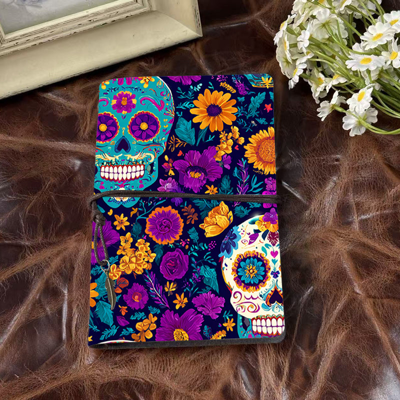 A6 Handmade Notebook Ideal for Research Scientists Great for Experiment Notes and Data Recordings with Sugar skulls and colorful flowers Pattern