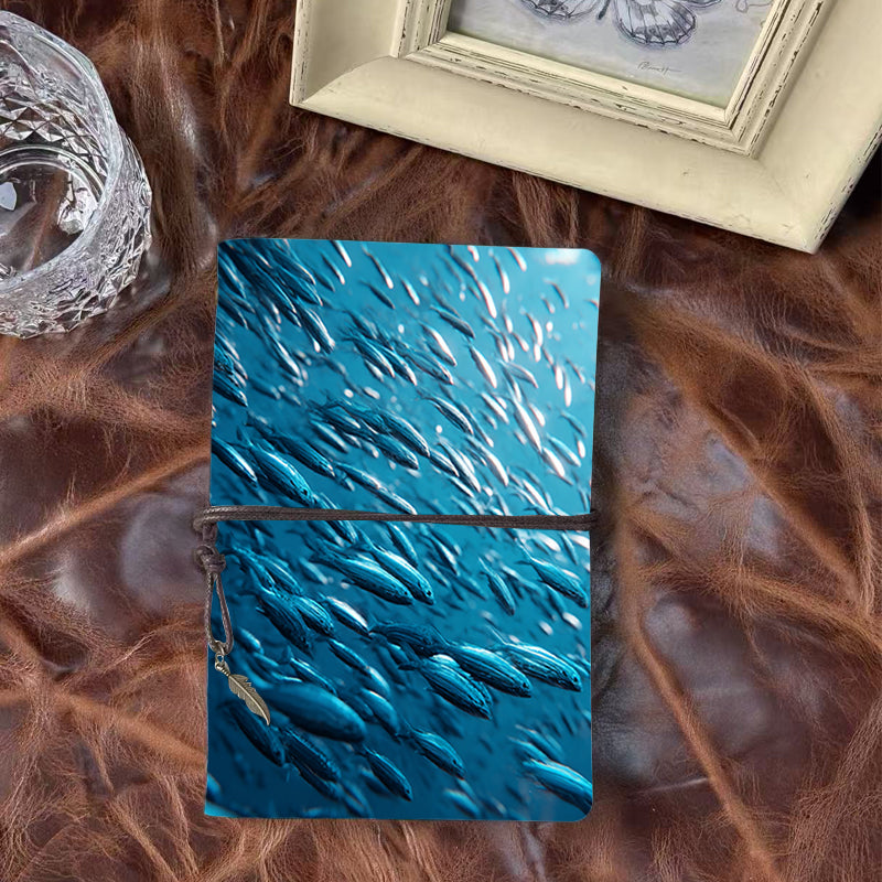 A6 Handcrafted Notebook Useful for Art Students Perfect for Sketching Ideas and Medium Testing with School of fish in blue water Pattern