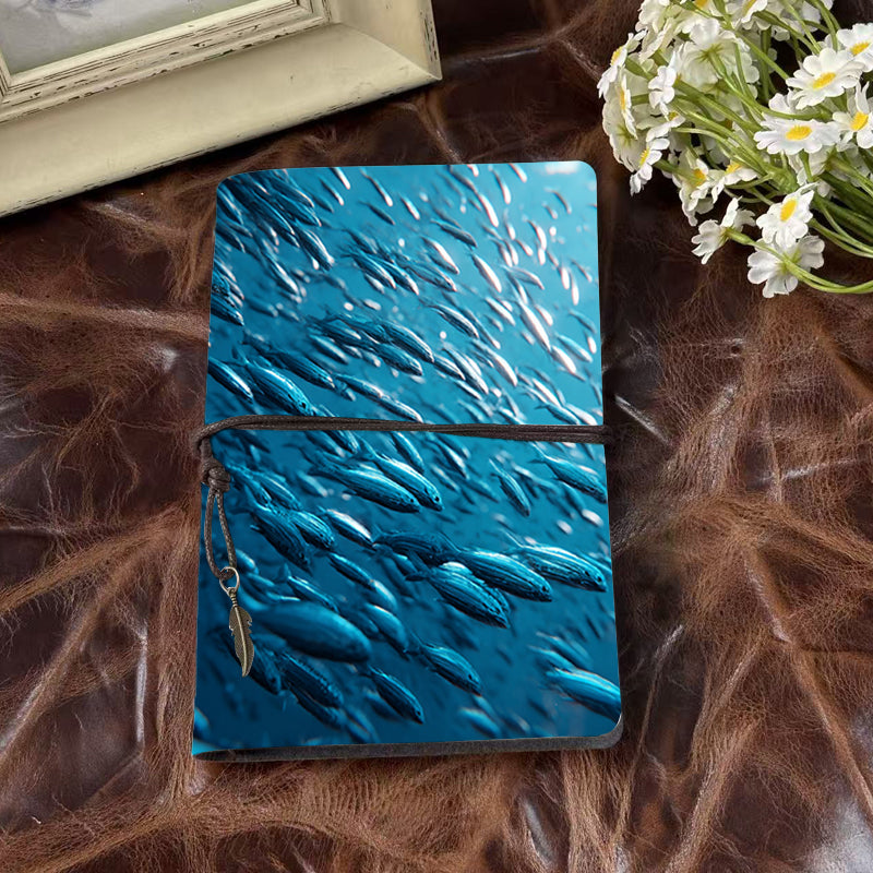 A6 Handcrafted Notebook Useful for Art Students Perfect for Sketching Ideas and Medium Testing with School of fish in blue water Pattern