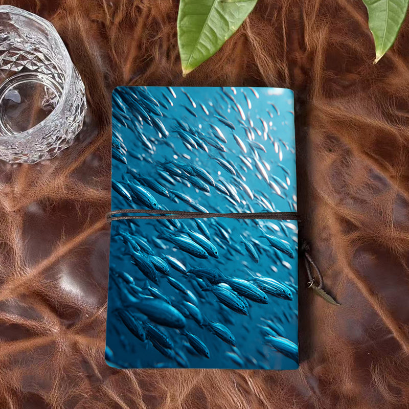 A6 Handcrafted Notebook Useful for Art Students Perfect for Sketching Ideas and Medium Testing with School of fish in blue water Pattern