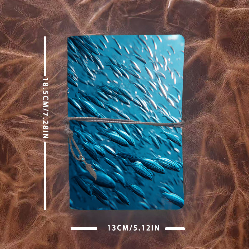 A6 Handcrafted Notebook Useful for Art Students Perfect for Sketching Ideas and Medium Testing with School of fish in blue water Pattern