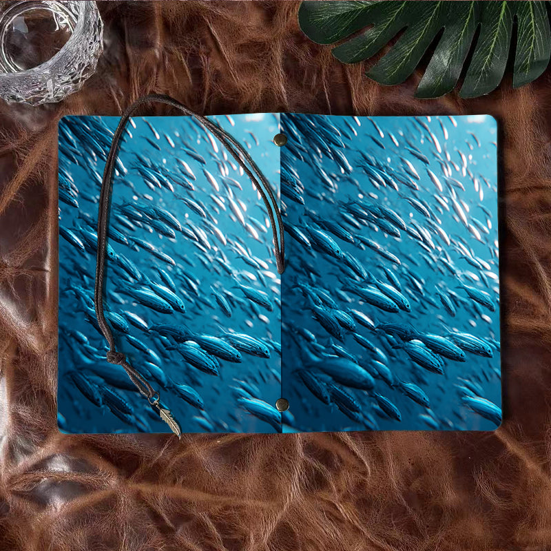 A6 Handcrafted Notebook Useful for Art Students Perfect for Sketching Ideas and Medium Testing with School of fish in blue water Pattern