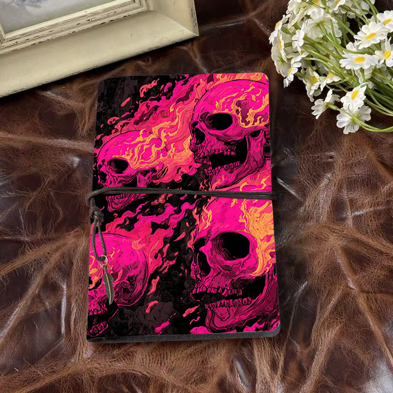 A6 Handcrafted Notebook Ideal for High School Teachers Perfect for Grading Notes and Parent Communication with Skulls with flaming effects Pattern